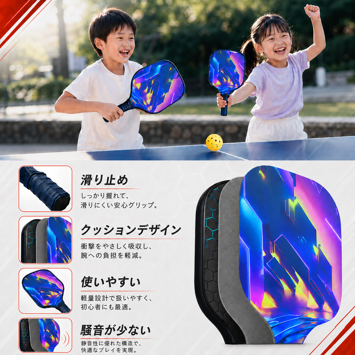 ピックルボール パドル ラケット 2本セット ボール4個付き カーボン製 軽量 初心者 アウトドア レジャー ファミリースポーツ 男女兼用