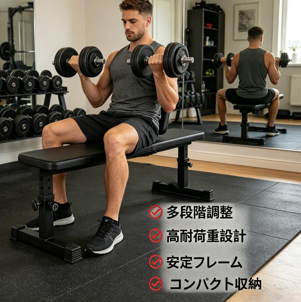 トレーニングベンチ フラットベンチ ダンベル ベンチ、調整可能なウエイトリフティングベンチ 高さ 滑り止め 多機能フラットウェイトベンチダンベルラック プレス用 腹筋 背筋